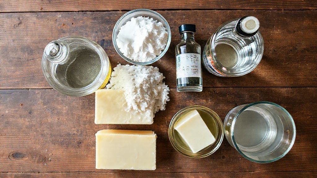 Vista de cima dos ingredientes: óleo usado, soda cáustica, álcool e água, dispostos em frascos e tigelas sobre bancada de madeira.