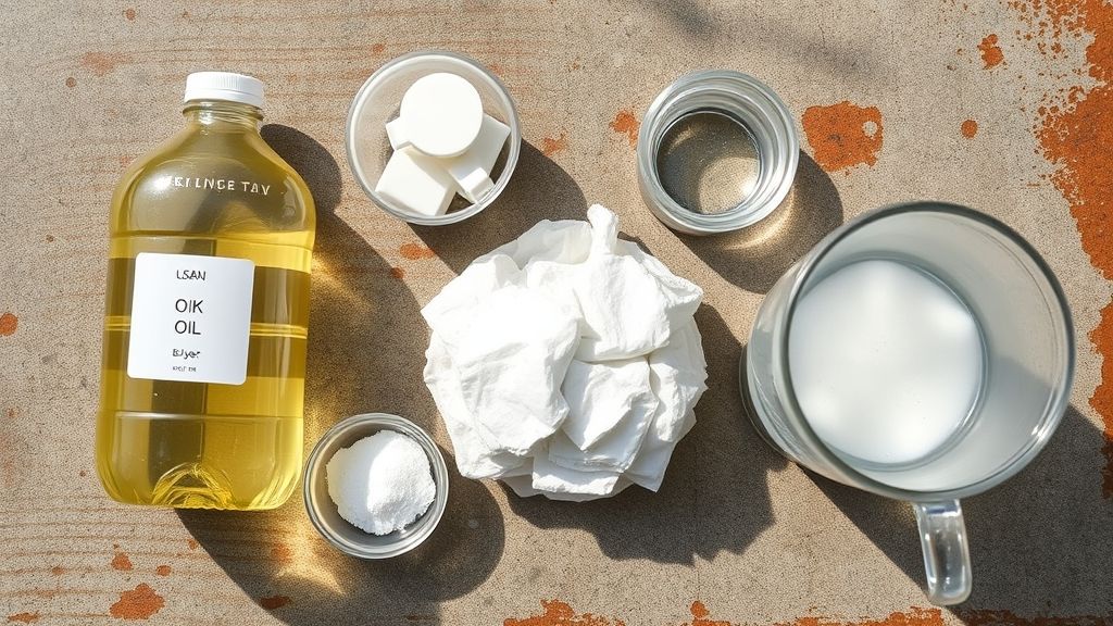 Vista de cima mostrando óleo usado, soda cáustica, bicarbonato, alvejante e água organizados em bancada