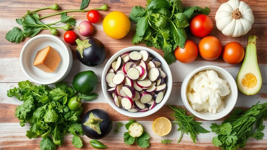 Visão de cima mostrando berinjela, tomate, cebola, cebolinha e limão organizados na bancada