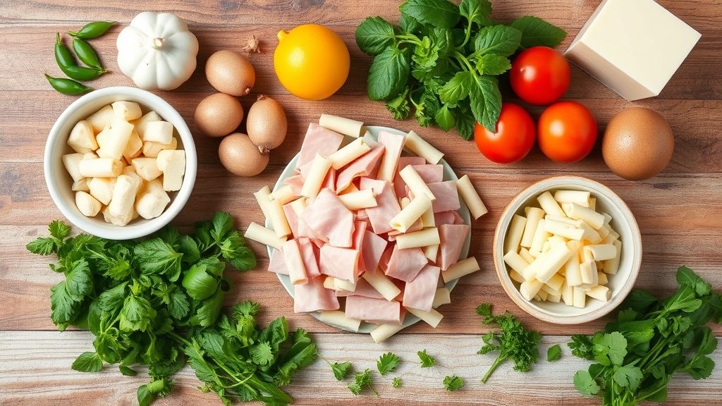 Visão de cima com os ingredientes da salada organizados em uma bancada de madeira.