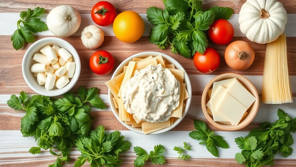 Visão de cima com os ingredientes da salada — macarrão, legumes, presunto e queijo — organizados sobre bancada de madeira