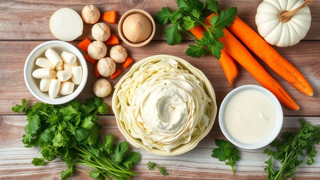 Visão de cima com repolho fatiado, cenouras raladas, cebola roxa, maionese e temperos organizados em bancada de cozinha.