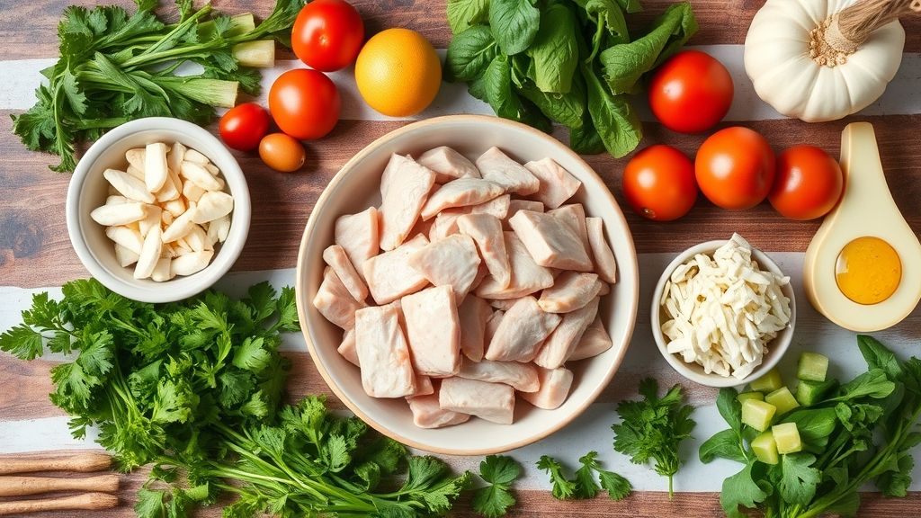 Visão de cima com frango desfiado, cenoura ralada, maçã picada, milho, maionese e batata palha organizados sobre bancada de madeira