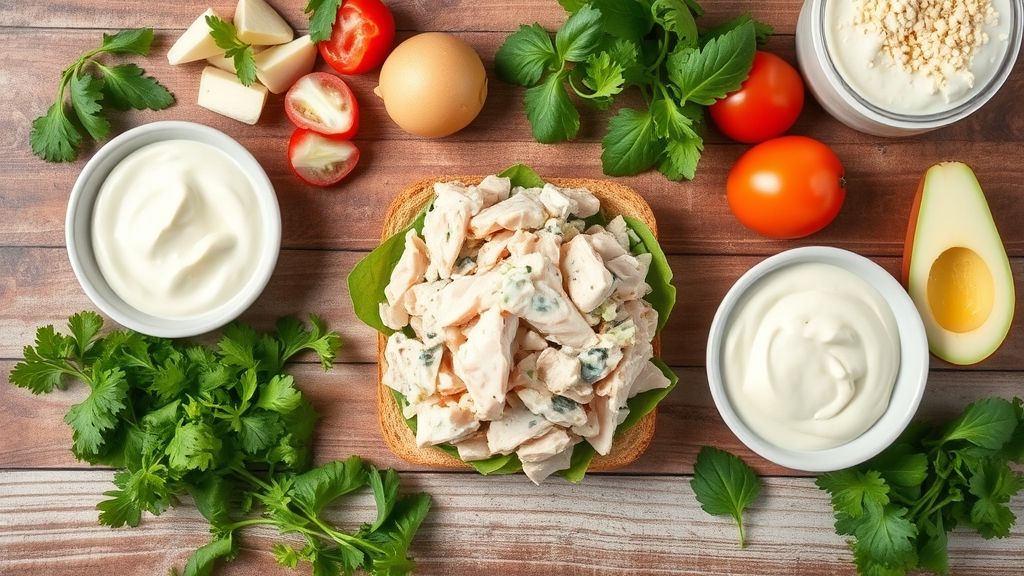Visão de cima mostrando pão, frango desfiado, maionese e legumes organizados na bancada