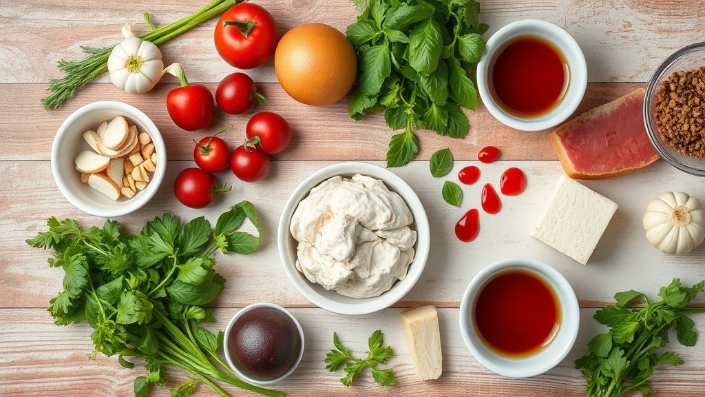 Visão de cima com os ingredientes organizados — xarope de milho, chocolate em pó, corantes e água sobre bancada rústica