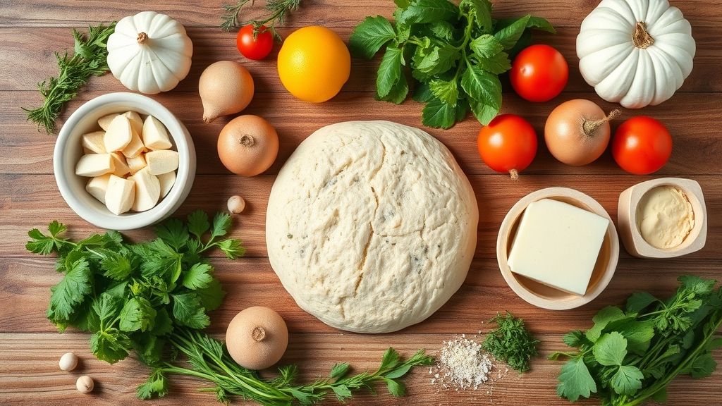 Visão de cima com farinha, azeite, fermento e água organizados em bancada de madeira