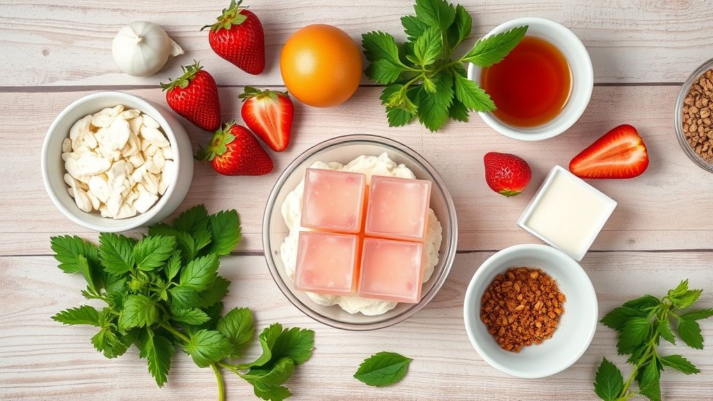 Visão de cima com os ingredientes da sobremesa organizados em uma bancada