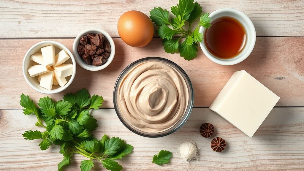 Vista de cima com chocolate picado, caixinhas de creme de leite e morangos frescos organizados em uma bancada