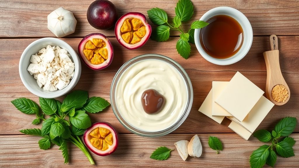 Visão de cima com leite condensado, creme de leite, suco em pó de maracujá e chocolate meio amargo organizados em uma bancada.