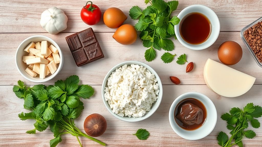 Visão de cima com os ingredientes da sobremesa de chocolate gelada organizados em uma bancada