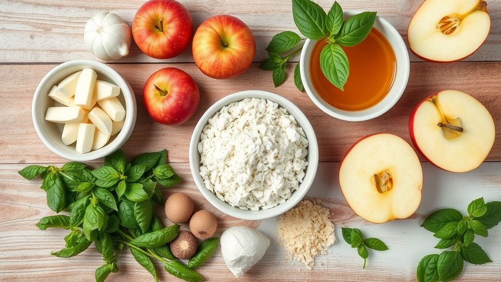 Visão de cima mostrando maçãs fatiadas, açúcar mascavo e canela organizados em uma bancada rústica