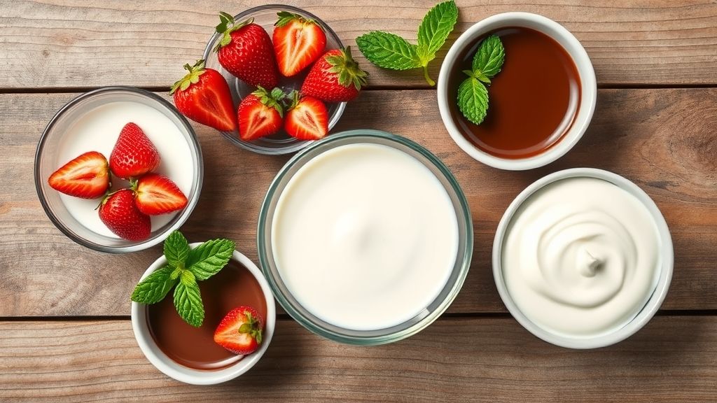 Visão de cima com os ingredientes organizados em tigelas: morango, chocolate, leite, gelatina e creme de leite sobre bancada de madeira clara.