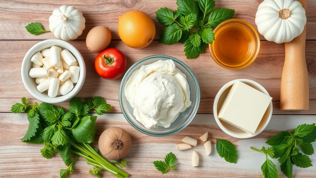 Visão de cima com os ingredientes do sorvete caseiro organizados sobre bancada de madeira