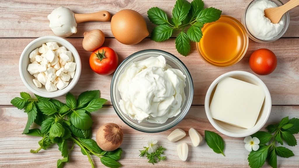 Visão de cima com os ingredientes da receita organizados em uma bancada de cozinha