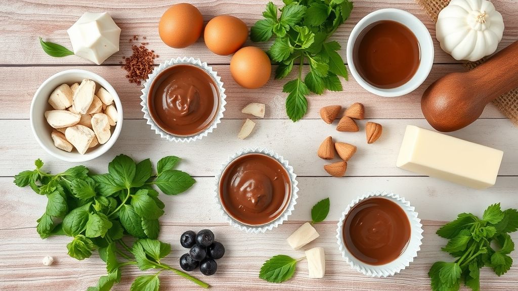 Visão de cima com ingredientes separados: leite, creme de leite, leite condensado, chocolate e potinhos descartáveis