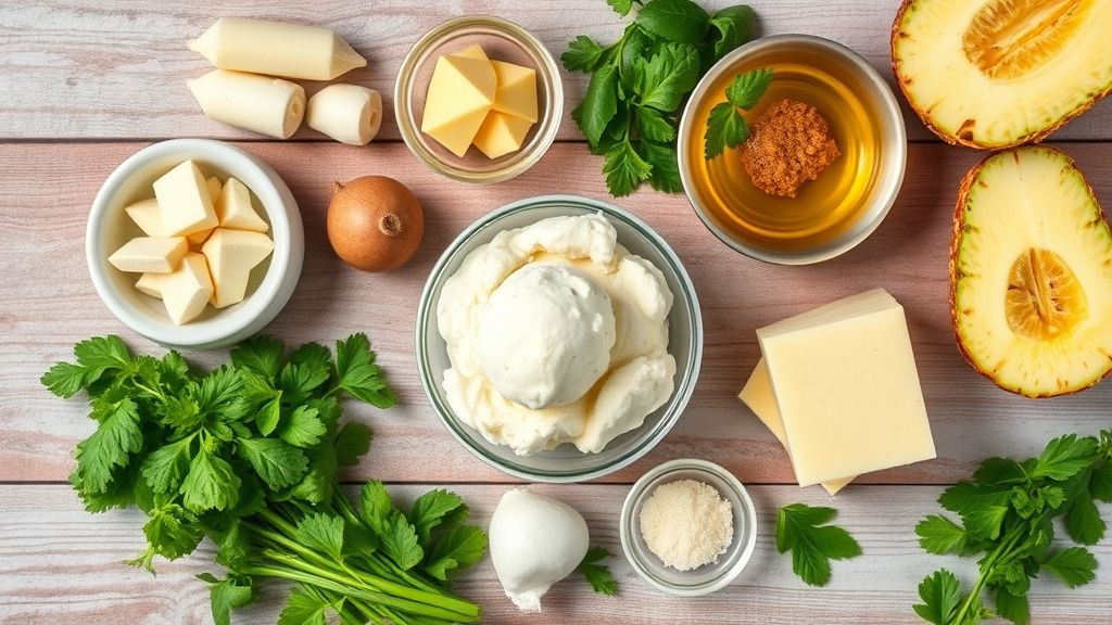 Visão de cima com os ingredientes do sorvete de abacaxi organizados em uma bancada de madeira com tigelas e utensílios.