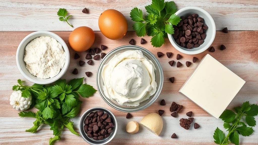 Visão de cima dos ingredientes separados — creme de leite, leite condensado e chocolate picado — sobre uma bancada clara.