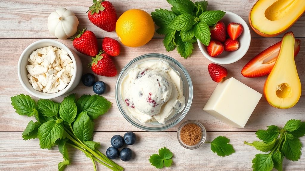 Visão de cima com bananas, morangos, iogurte e mel dispostos em uma bancada de mármore.