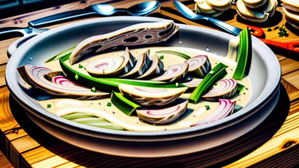 Ingredientes da receita de strogonoff de carne de porco organizados em uma mesa de madeira.