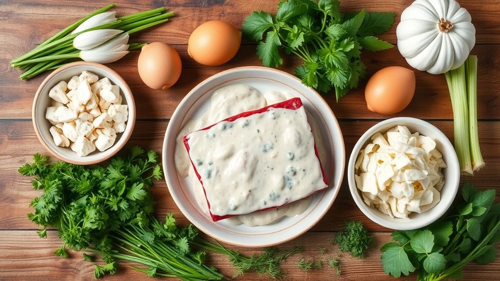 Visão de cima com os ingredientes da receita organizados em uma bancada de madeira