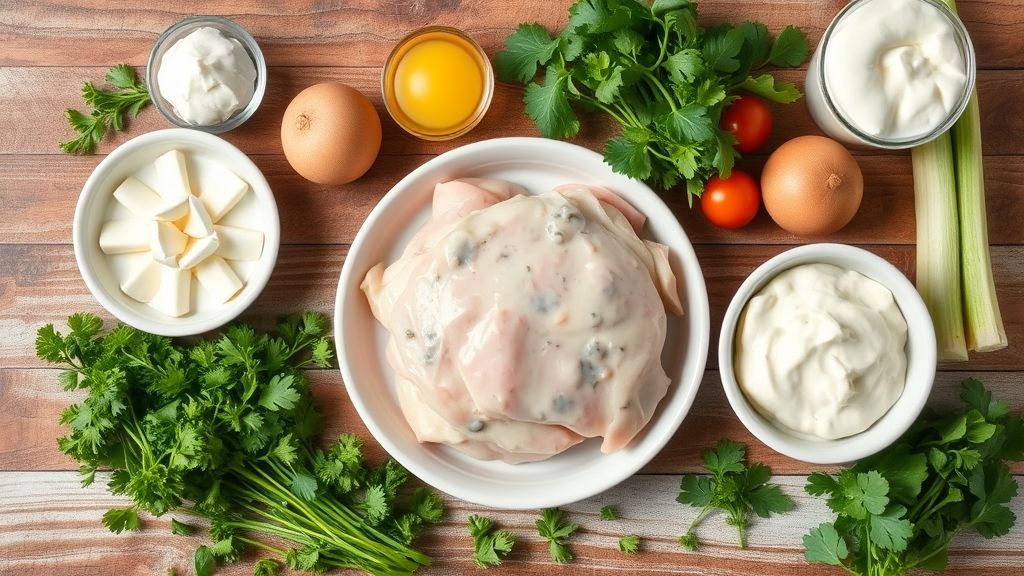 Visão de cima com os ingredientes organizados em uma bancada de madeira