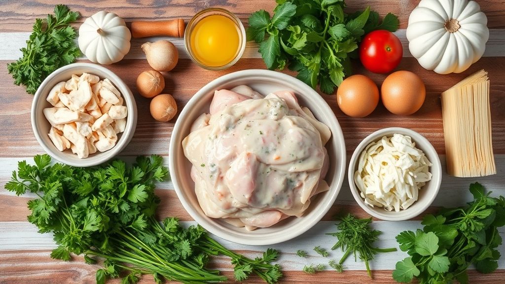Visão de cima com os ingredientes da receita organizados em uma bancada ampla.