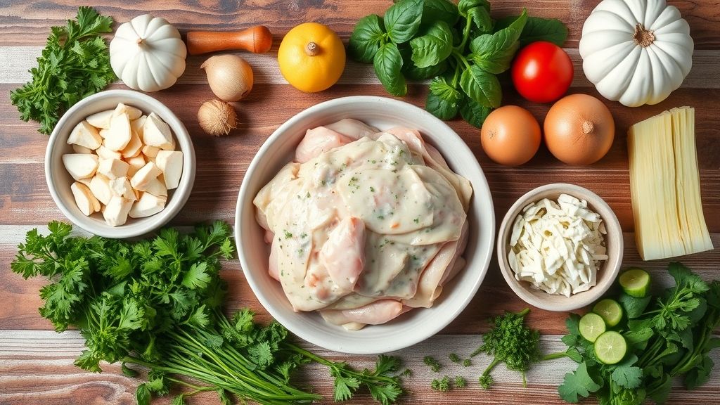 Ingredientes do strogonoff de frango organizados em bancadas e tigelas, prontos para preparo em grande quantidade.