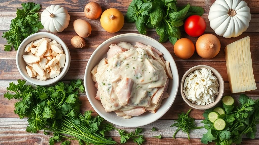 Visão de cima com todos os ingredientes medidos e organizados sobre uma bancada