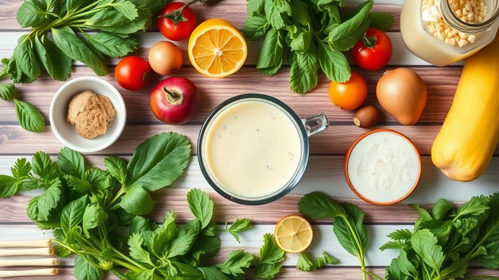 Visão de cima com couve, maçã, abacaxi, melancia, gengibre e laranja organizados em bancada de madeira