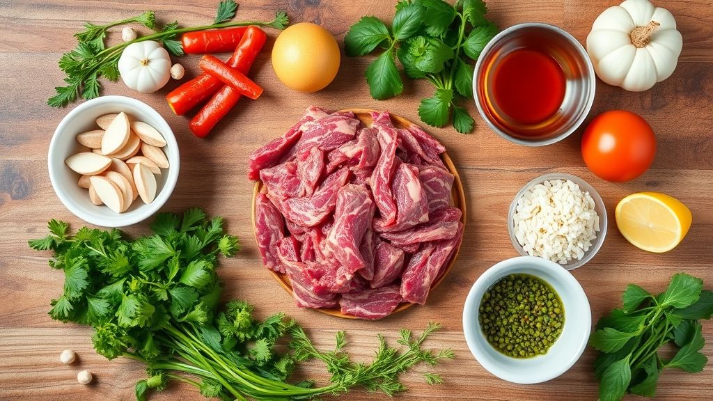 Ingredientes frescos para o tartar de carne organizados sobre uma mesa de madeira.
