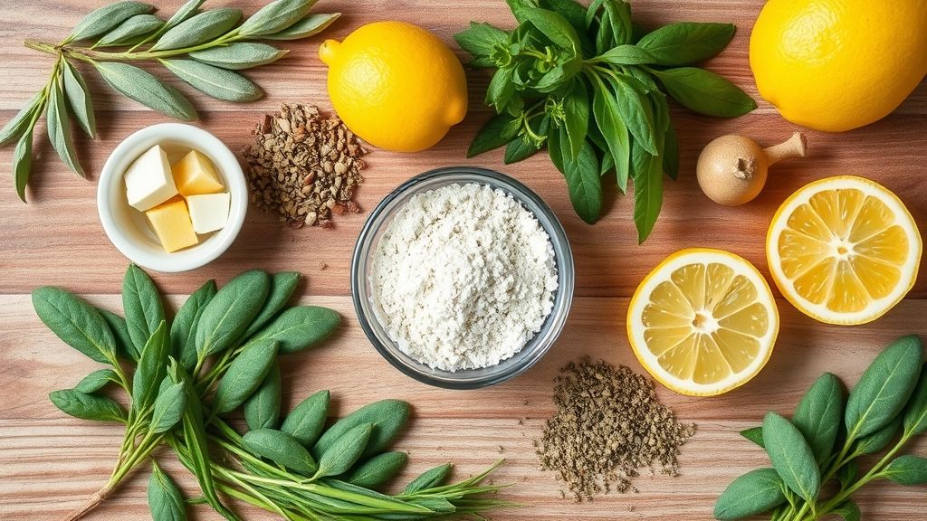 Visão de cima com limões, folhas de sálvia, mix de pimentas, açafrão e sal rosa dispostos em uma bancada.