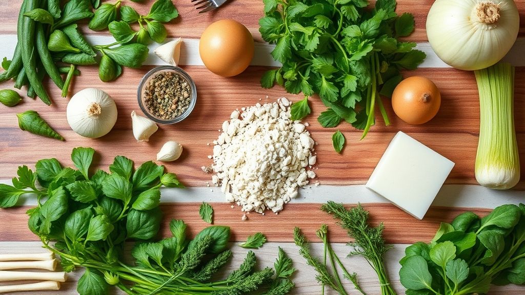 Visão de cima mostrando salsinha, cebolinha, alho, cebola, óleo e sal organizados sobre uma bancada rústica