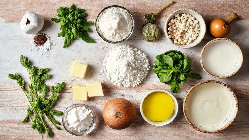 Visão de cima dos ingredientes organizados — mascarpone, café, biscoitos champagne e cacau em uma bancada de mármore.