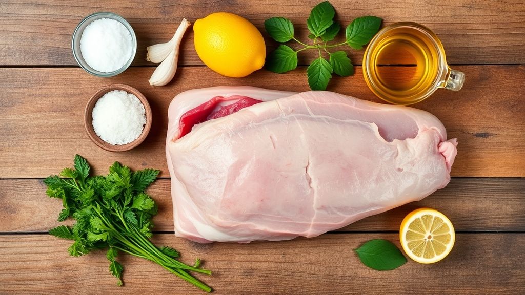 Visão de cima com panceta, sal, alho, limão e óleo organizados sobre bancada rústica