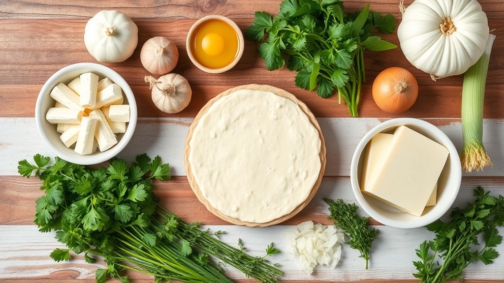 Visão de cima com os ingredientes da torta organizados em uma bancada rústica