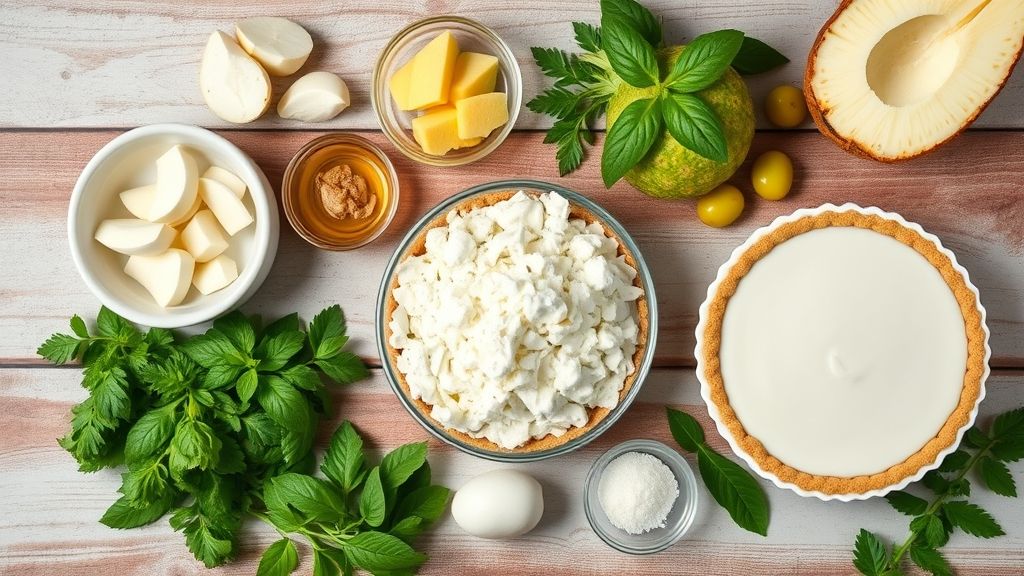 Visão de cima com farinha, manteiga, abacaxi, coco e leite organizados sobre uma bancada rústica.