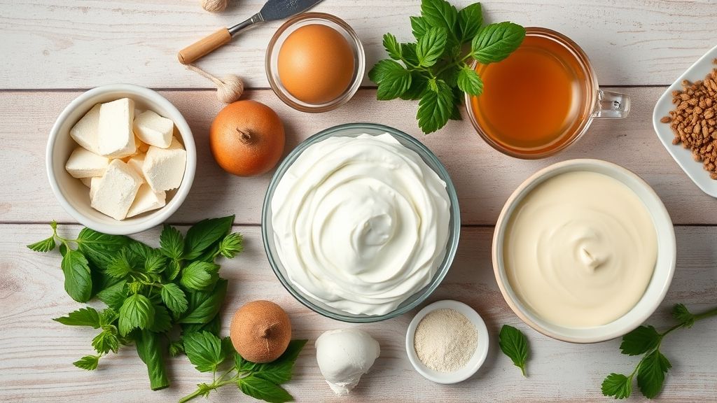 Ingredientes da receita organizados em uma bancada de cozinha em estilo rústico