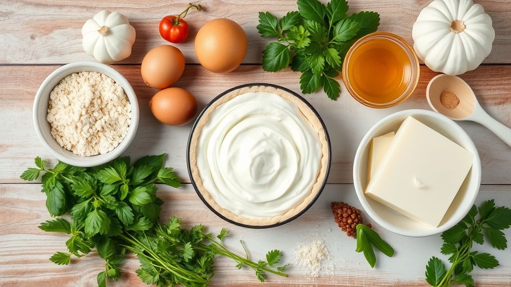 Visão de cima com as bolachas, nata, leite condensado e leite dispostos em bancada