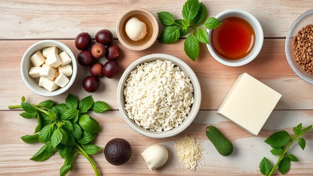 Visão de cima com biscoitos triturados, manteiga, leite condensado, cacau, creme de leite e granulado organizados sobre bancada de mármore