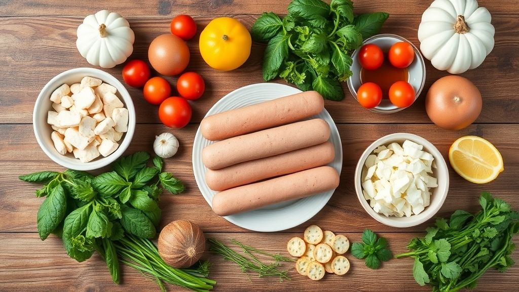 Visão de cima dos ingredientes da torta organizados em bancada de madeira com salsichas, ovos, leite e farinha