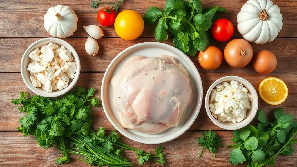 Vista de cima mostrando ovos, leite, farinha, frango desfiado e temperos organizados sobre bancada de madeira