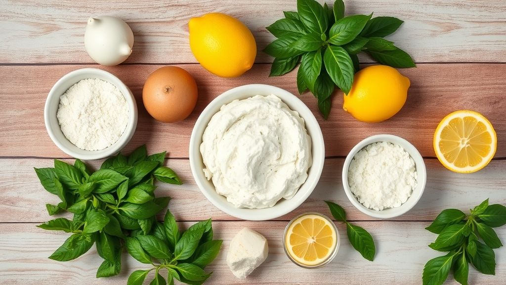 Visão de cima dos ingredientes da torta de limão organizados em bancada de cozinha de mármore.