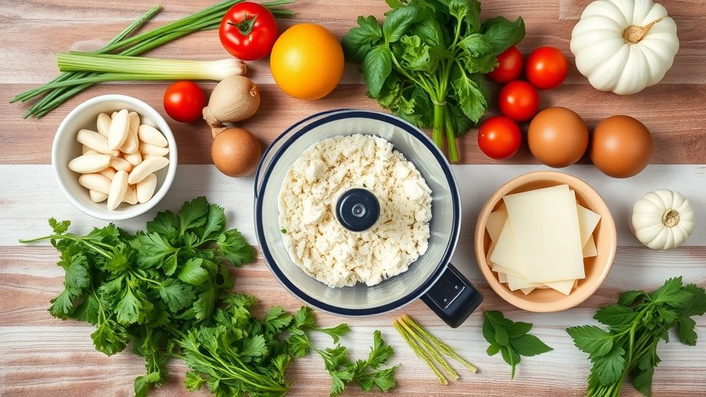 Ingredientes frescos da torta de liquidificador organizados sobre superfície rústica