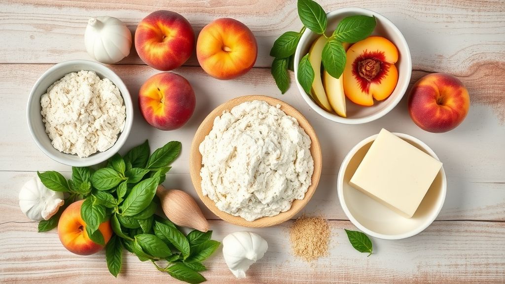 Ingredientes da torta de pêssegos organizados em uma bancada rústica, vistos de cima