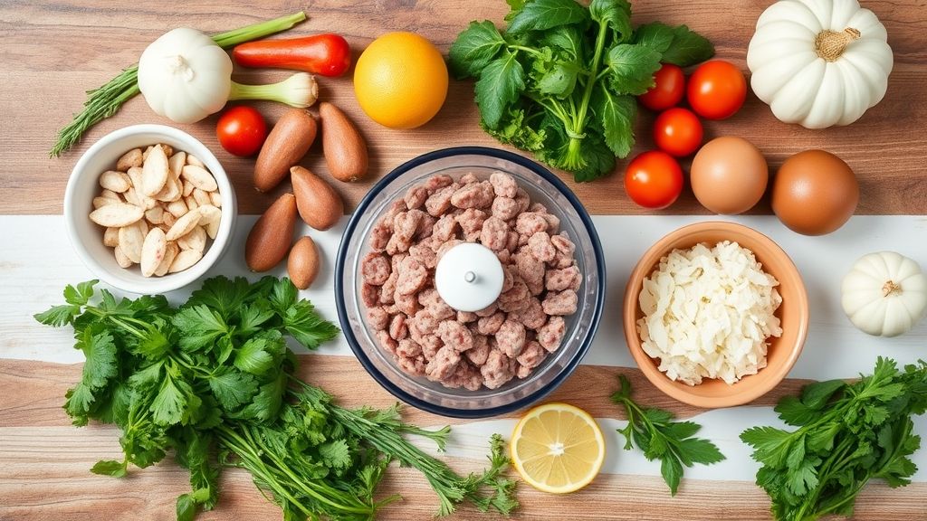 Visão de cima com os ingredientes da receita organizados em uma bancada