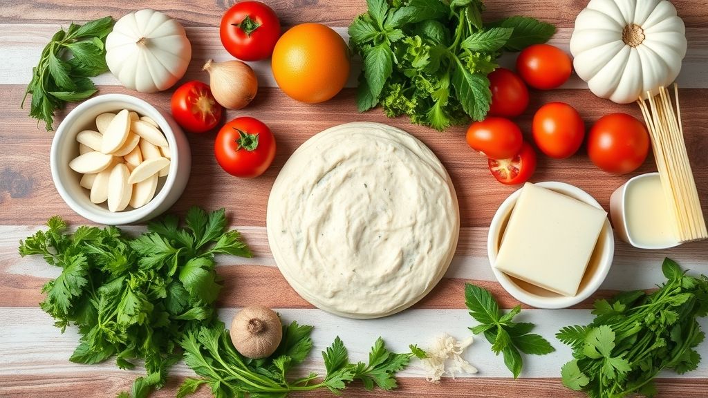 Visão de cima com farinha, ovos, queijos, presunto e tomates organizados em bancada de madeira