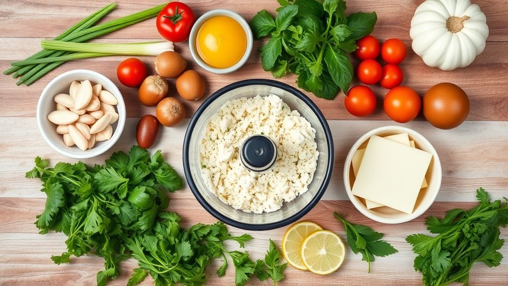 Flat lay dos ingredientes como frango desfiado, tomate, ovos, leite, farinha e queijo dispostos em uma bancada de madeira