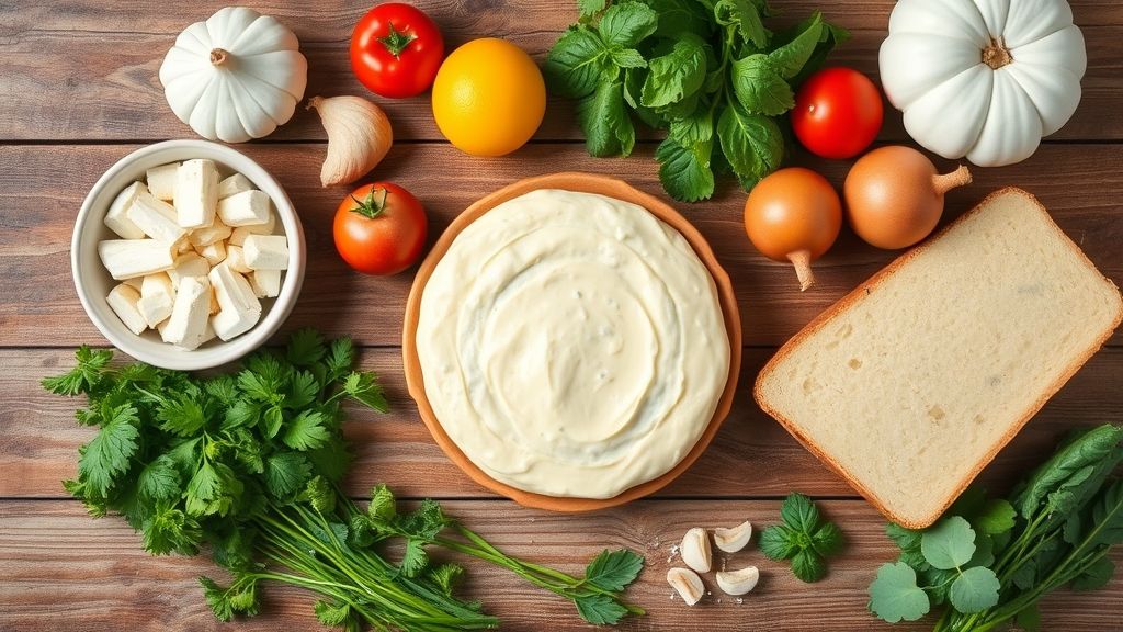 Vista de cima dos ingredientes separados para a torta salgada distribuídos em bancada de madeira