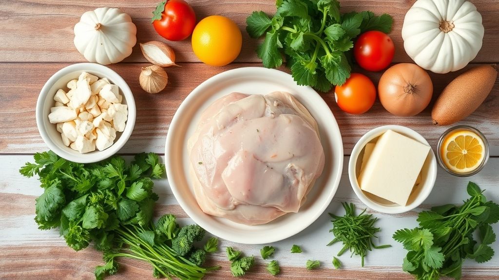 Visão de cima com os ingredientes da torta de frango organizados em uma bancada de madeira