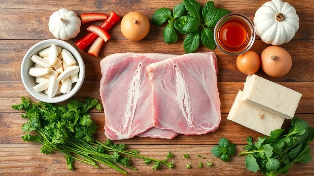 Visão de cima dos ingredientes da receita — toucinho de porco, sal grosso e água — dispostos em bancada de madeira